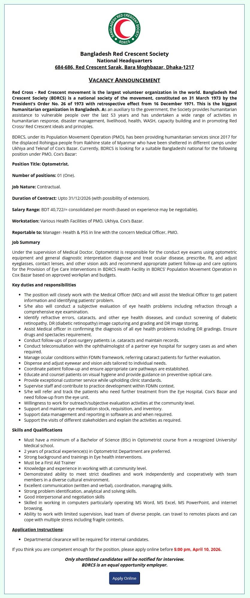 RED Crescent Society Job Circular 2026