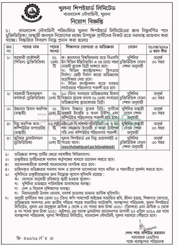 Khulna Shipyard Limited Job Circular 2026