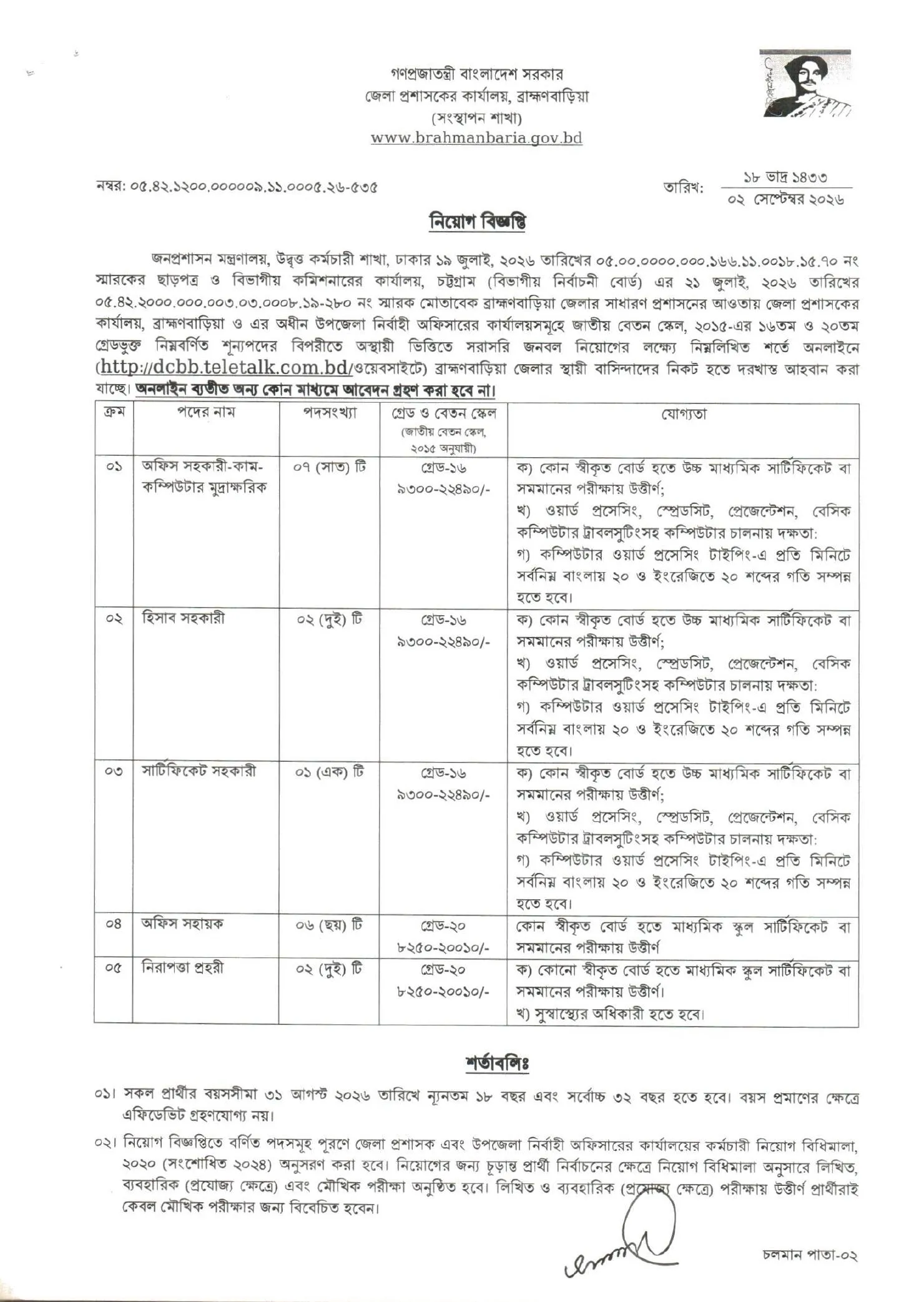 Dc Office Brahmanbaria Job Circular 2026 PDF-1.webp