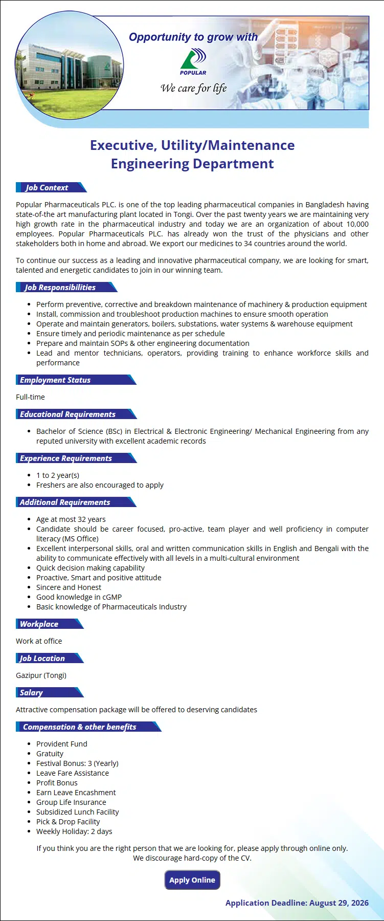 Popular Pharmaceuticals PLC Job Circular 2026.webp