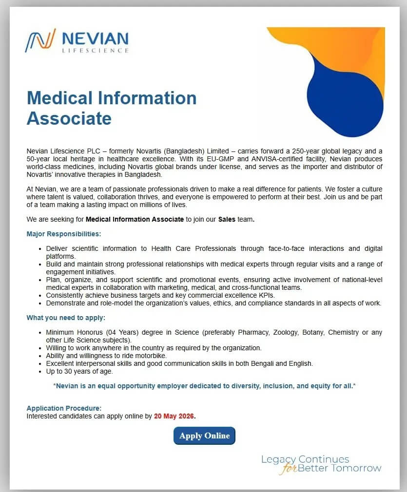 Nevian Lifescience PLC Job Circular 2026