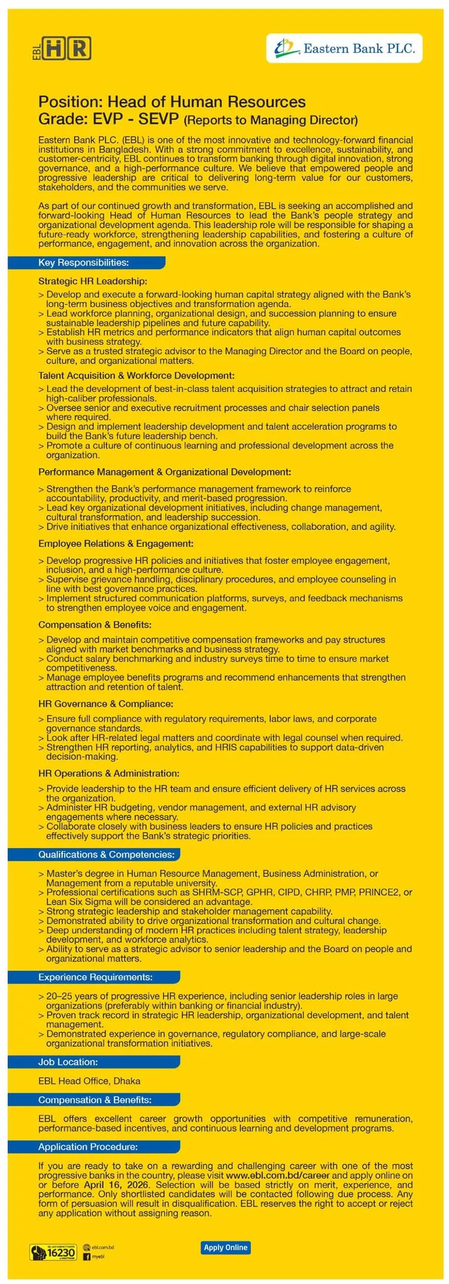 Eastern Bank Limited EBL Job Circular 2026